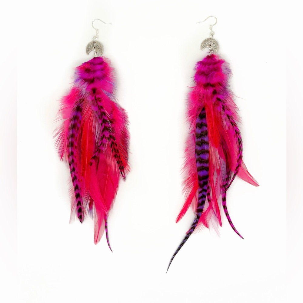Vibrant Pink Feather Earrings with hints of purple